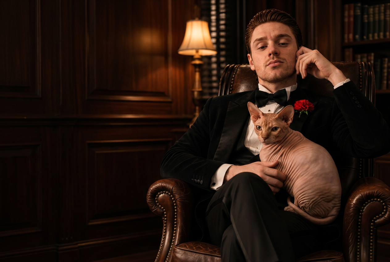 Tio Ruivo de smoking sentado com um gato Sphynx